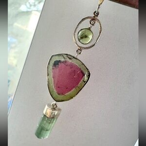 Large solid sterling genuine watermelon tourmaline slice pendant
